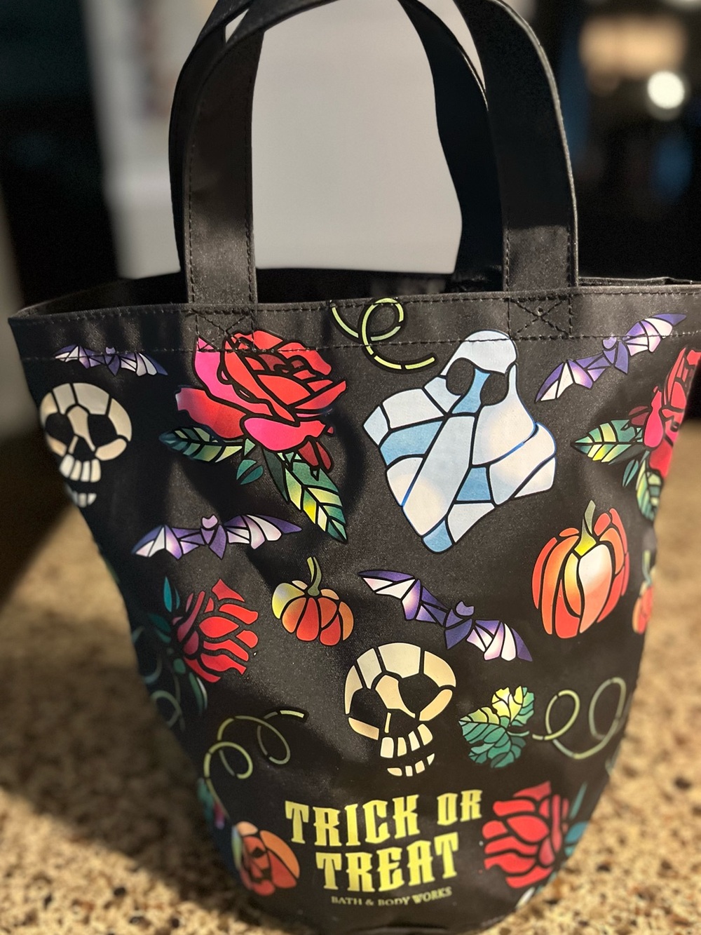 Bath & Body Works Black Halloween Tote with Multicolor Gothic Graphics